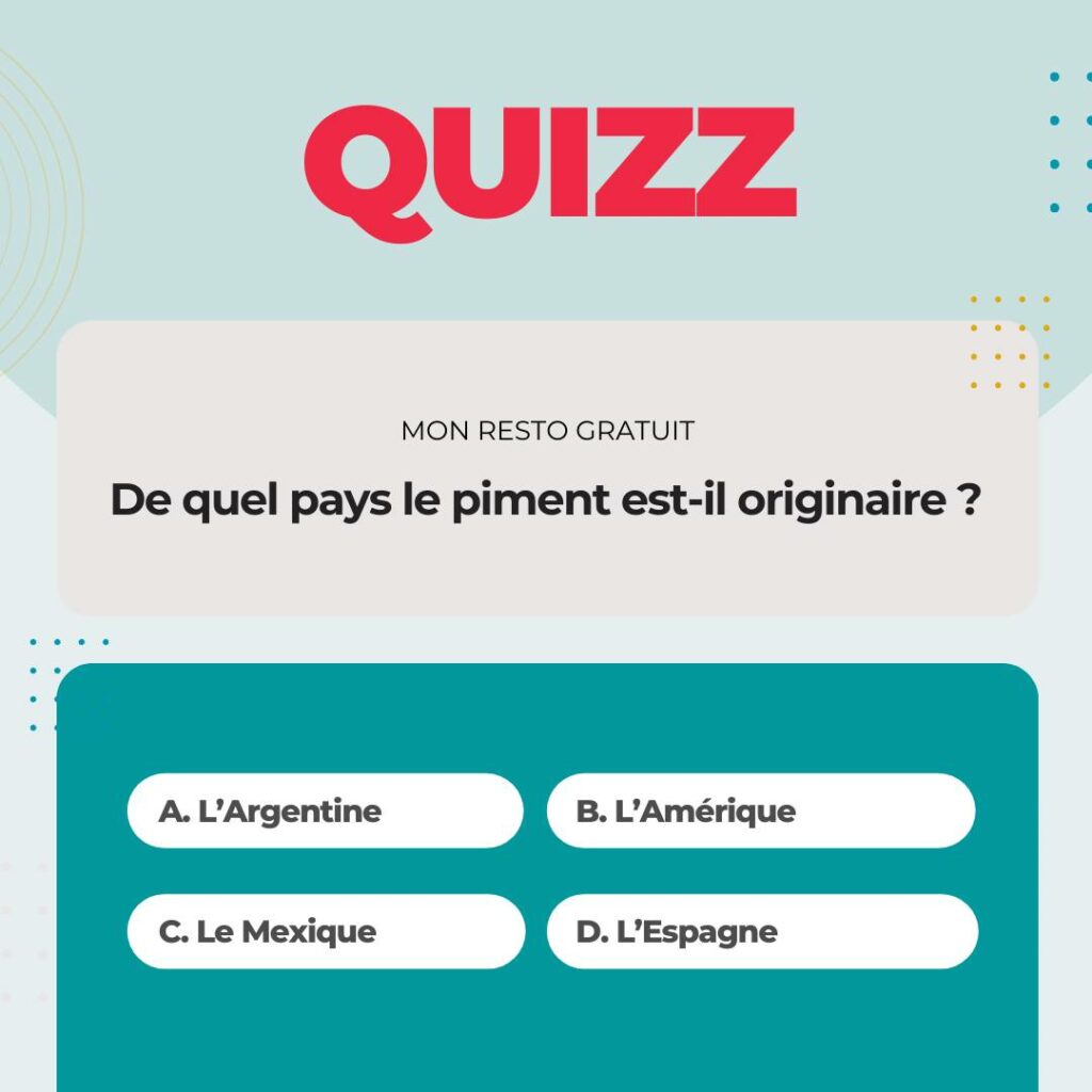 De quel pays le piment est-il originaire ?
A. L'Argentine
B. L'Amérique
C. Le Mexique
D. L'Espagne