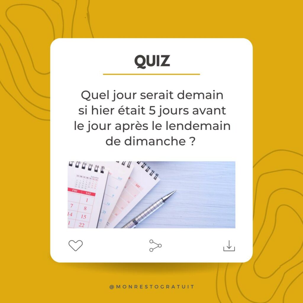 Quel jour serait demain si hier était 5 jours avant le jour après le lendemain de dimanche ?